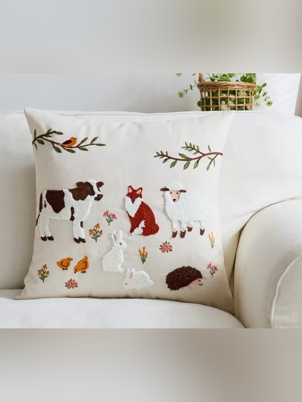 Cream Embroidered Farm Animal Accent Pillow Cover with Multi-Color Motifs-NWOT